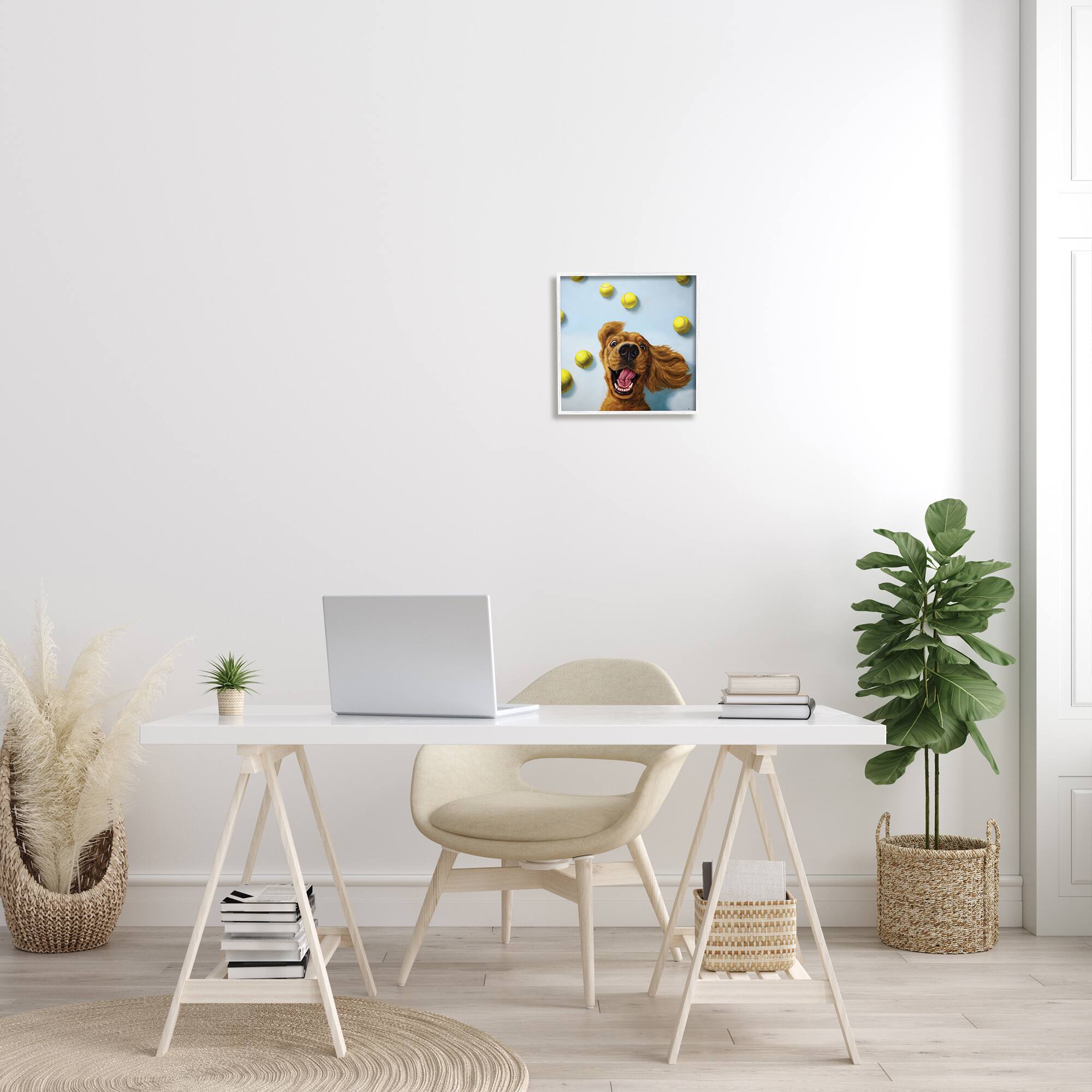 Stupell Industries Happy Smiling Pet Dog with Yellow Tennis Balls in White Frame Wall Art